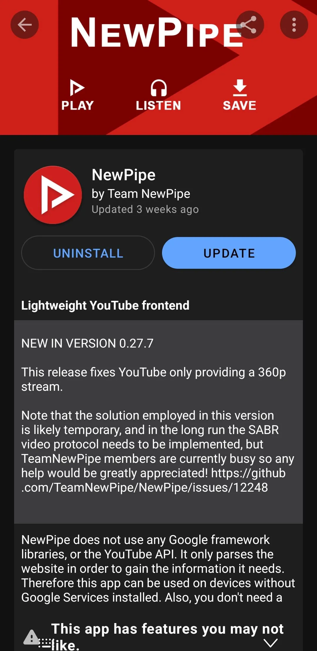 Ứng dụng NewPipe hiển thị trên kho F-Droid, minh họa một app mã nguồn mở tiêu biểu
