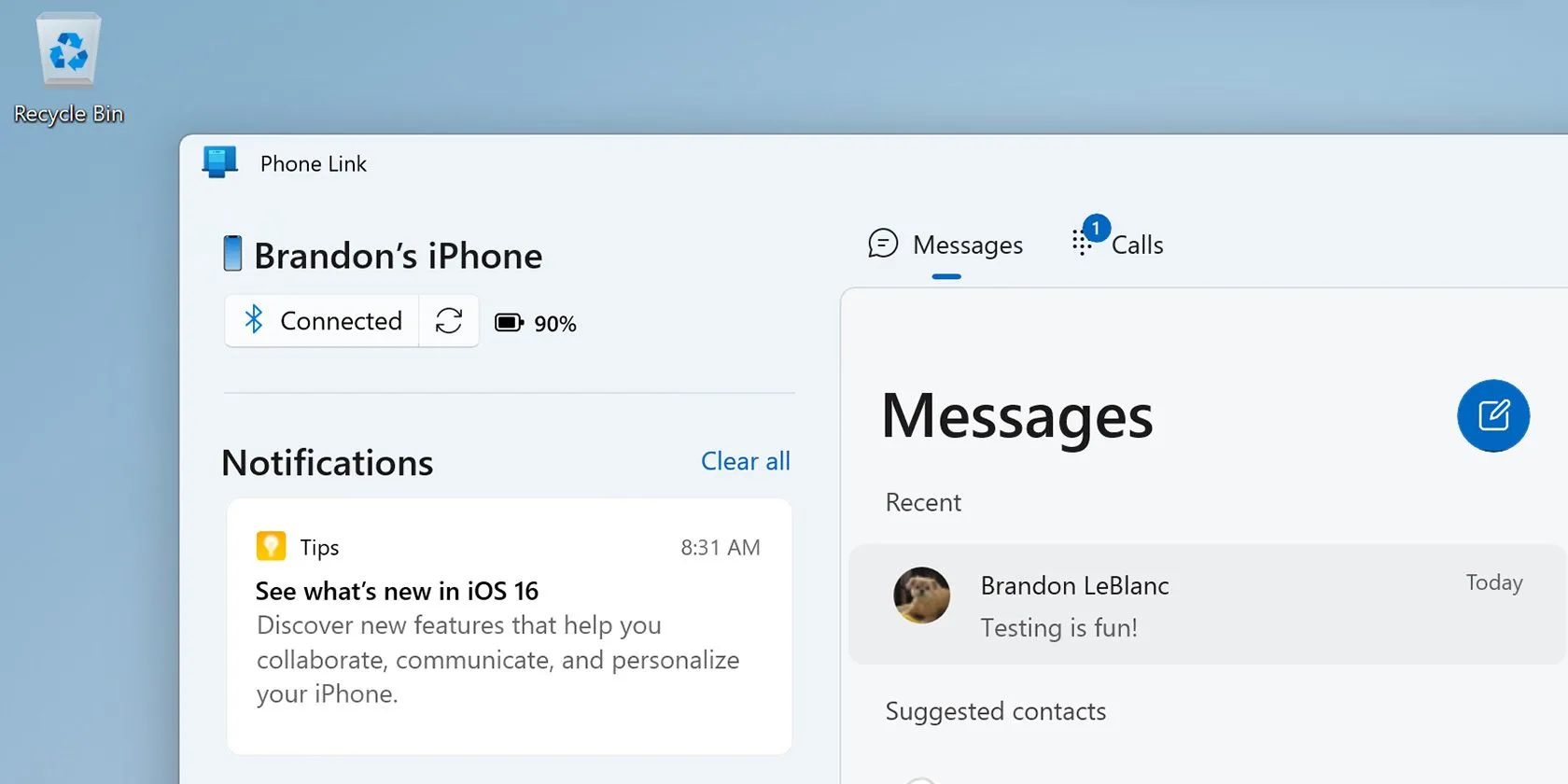 Ứng dụng Phone Link trên Windows 11 đang kết nối với iPhone, hiển thị cuộc gọi và tin nhắn