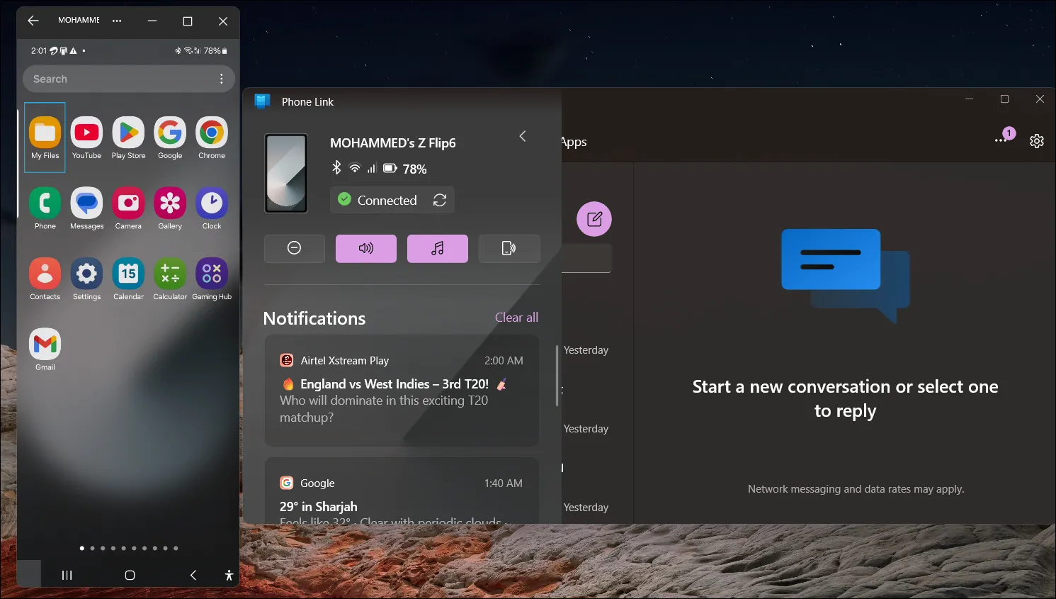 Ứng dụng Phone Link trên Windows 11 hiển thị tính năng phản chiếu màn hình điện thoại Samsung Galaxy