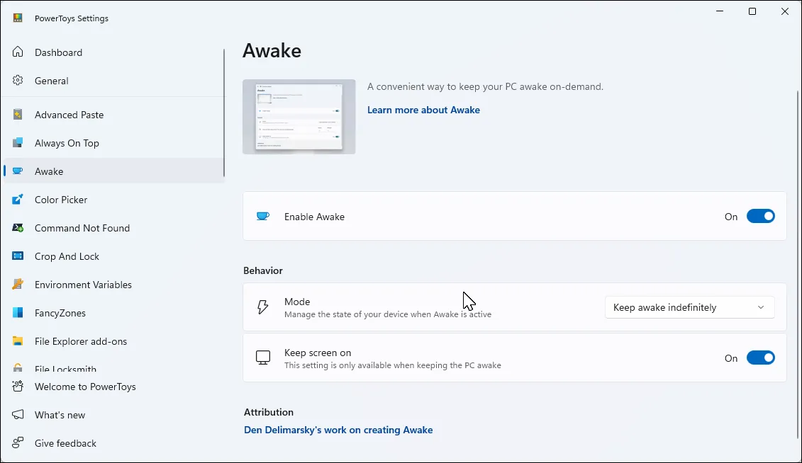 Ứng dụng PowerToys trên Windows 11 với tab Awake đang mở, hiển thị các tùy chọn giữ máy tính luôn hoạt động