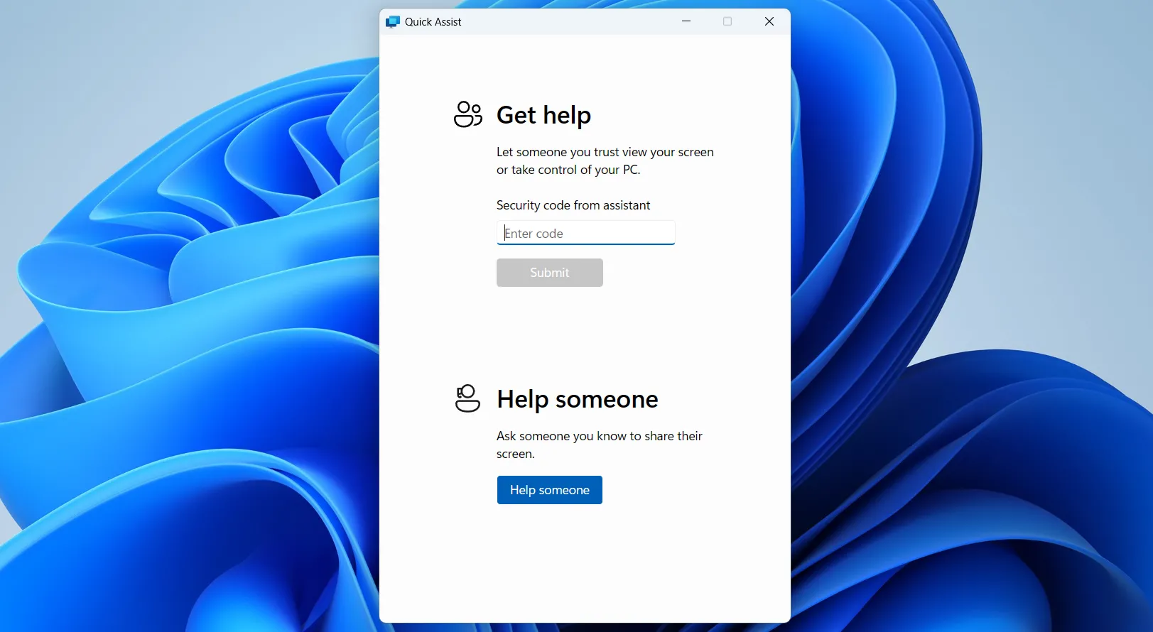 Ứng dụng Quick Assist (Hỗ Trợ Nhanh) trên Windows 11, cho phép người dùng nhận hoặc cung cấp hỗ trợ từ xa.