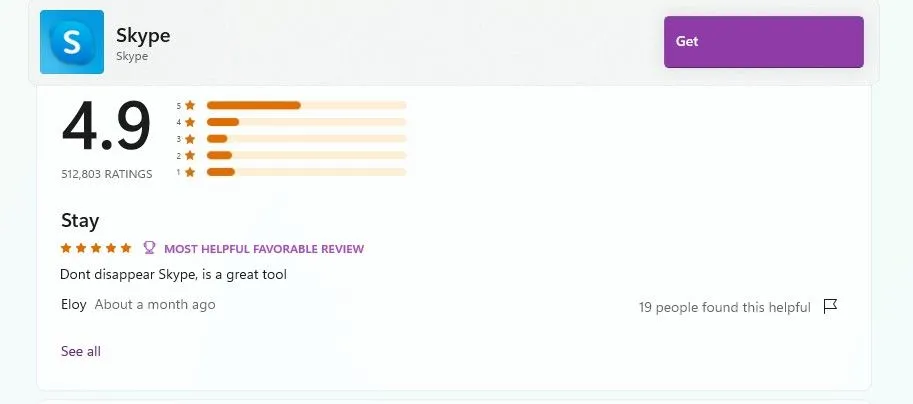 Ứng dụng Skype trên Microsoft Store với đánh giá trung bình 4.9 sao từ người dùng
