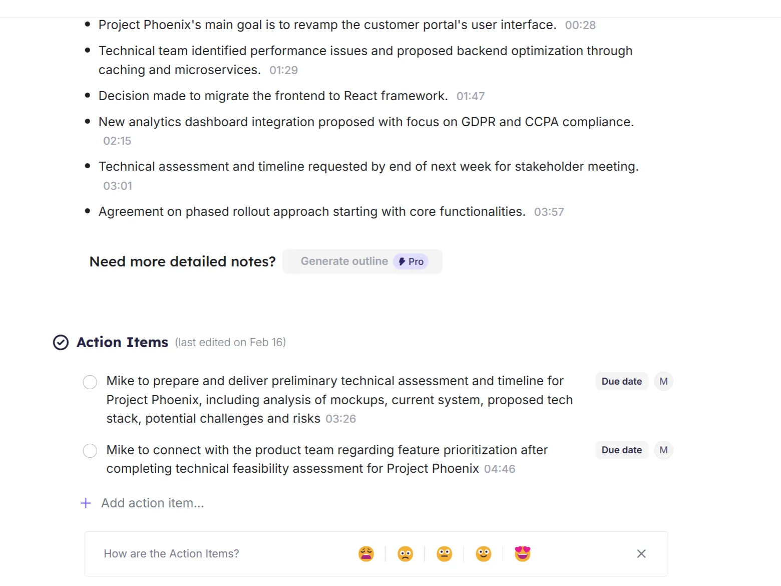 Ứng dụng web Krisp trình bày các mục hành động quan trọng của cuộc họp
