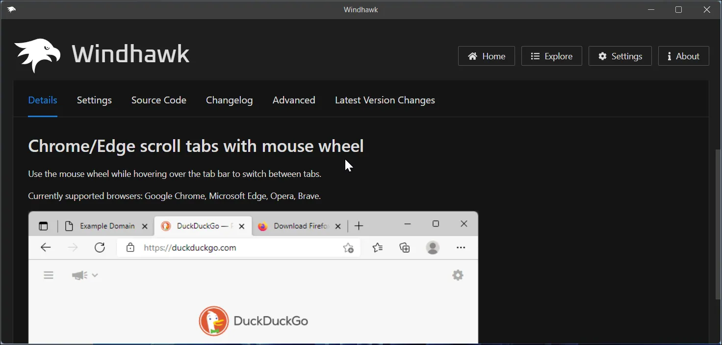 Ứng dụng Windhawk trình bày chi tiết mod cuộn tab Chrome và Edge bằng con lăn chuột, giúp duyệt web hiệu quả hơn trên Windows 11.