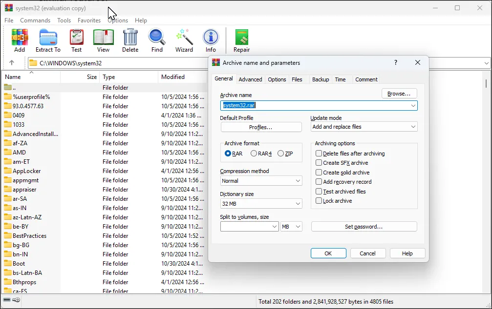 Ứng dụng WinRAR trên Windows 11 với hộp thoại nén file đang mở, hiển thị các tùy chọn nén và cài đặt mật khẩu