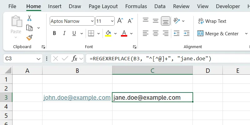 Ví dụ áp dụng hàm REGEXREPLACE trong Excel để thay thế phần tên người dùng trong địa chỉ email từ &quot;john.doe&quot; thành &quot;jane.doe&quot;.