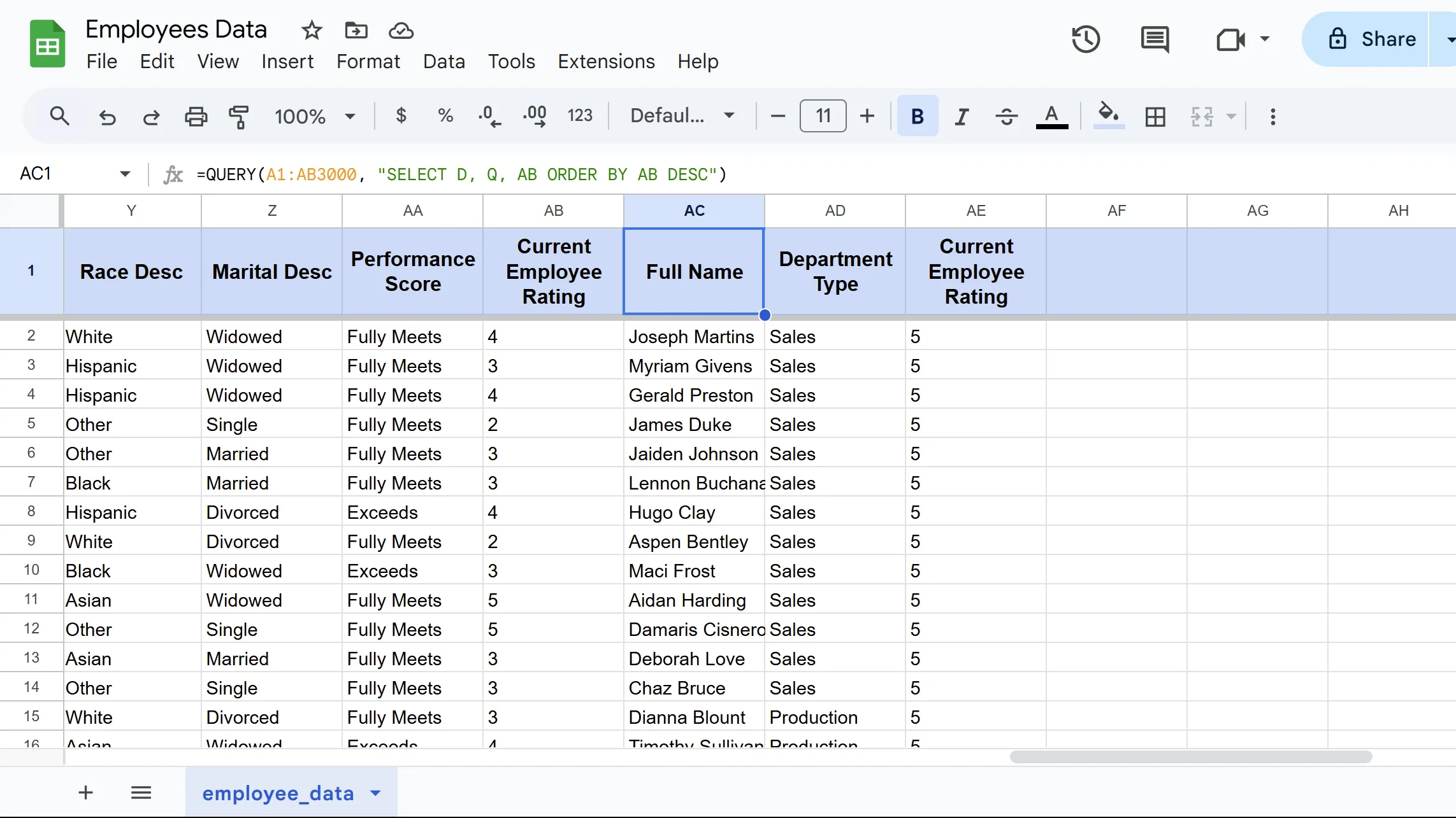 Ví dụ cách hàm QUERY trích xuất và sắp xếp dữ liệu bảng tính trong Google Sheets