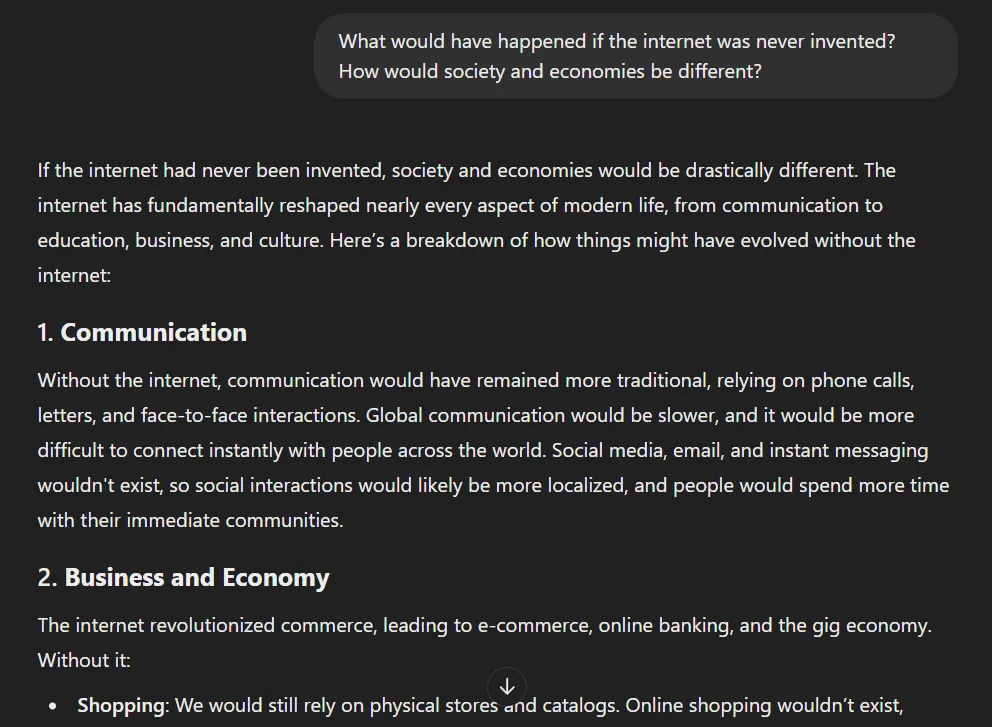 Ví dụ ChatGPT thực hiện tư duy phản thực tế, tưởng tượng thế giới không có internet.