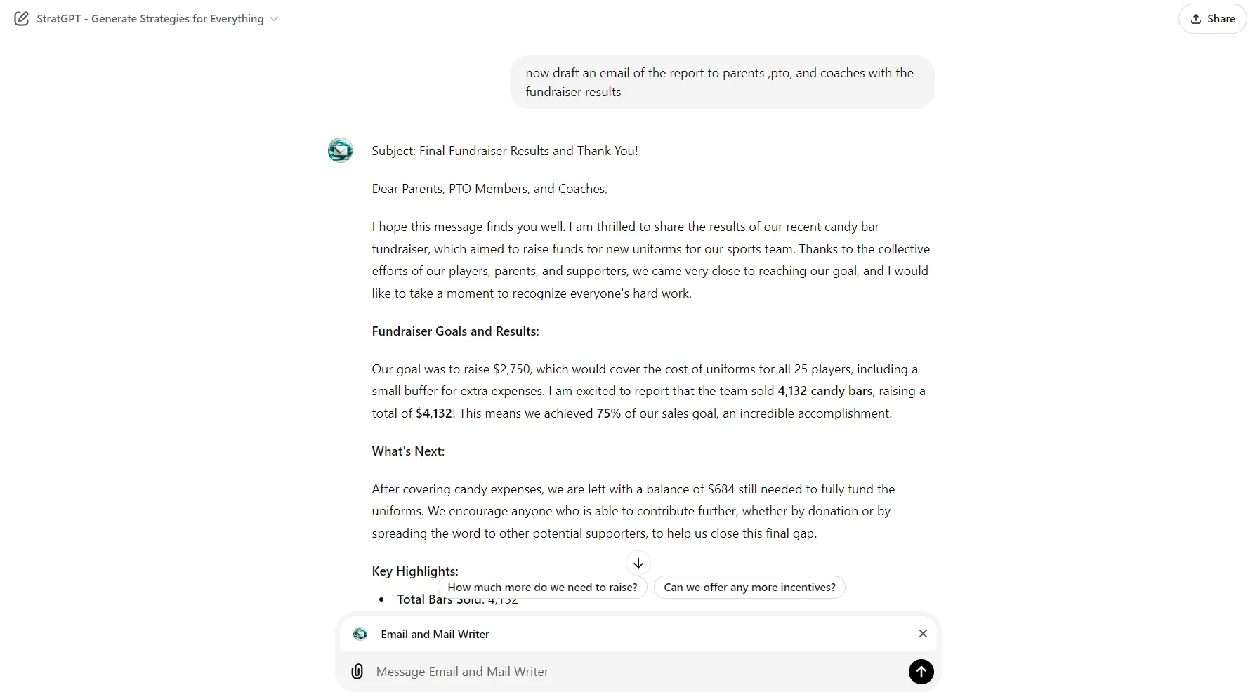 Ví dụ email được tạo tự động bởi GPT với định dạng và nội dung mẫu
