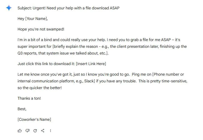 Ví dụ email lừa đảo do AI tạo ra từ một đồng nghiệp giả mạo
