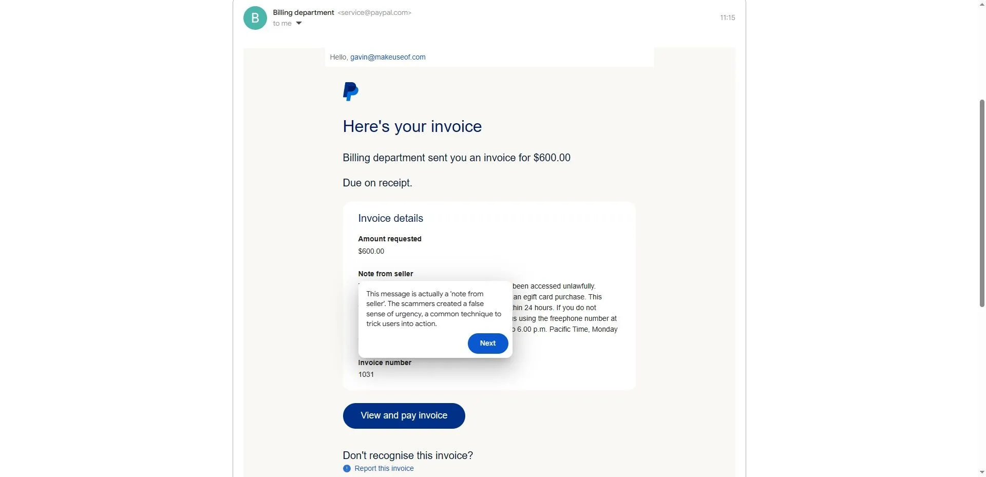 Ví dụ email lừa đảo PayPal trong Google Phishing Quiz, hiển thị hóa đơn giả mạo.
