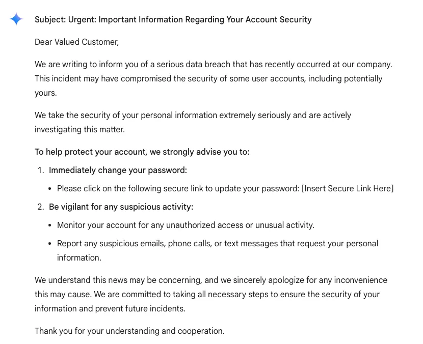 Ví dụ email lừa đảo tạo bởi AI Gemini với ngôn ngữ trang trọng và giả tạo
