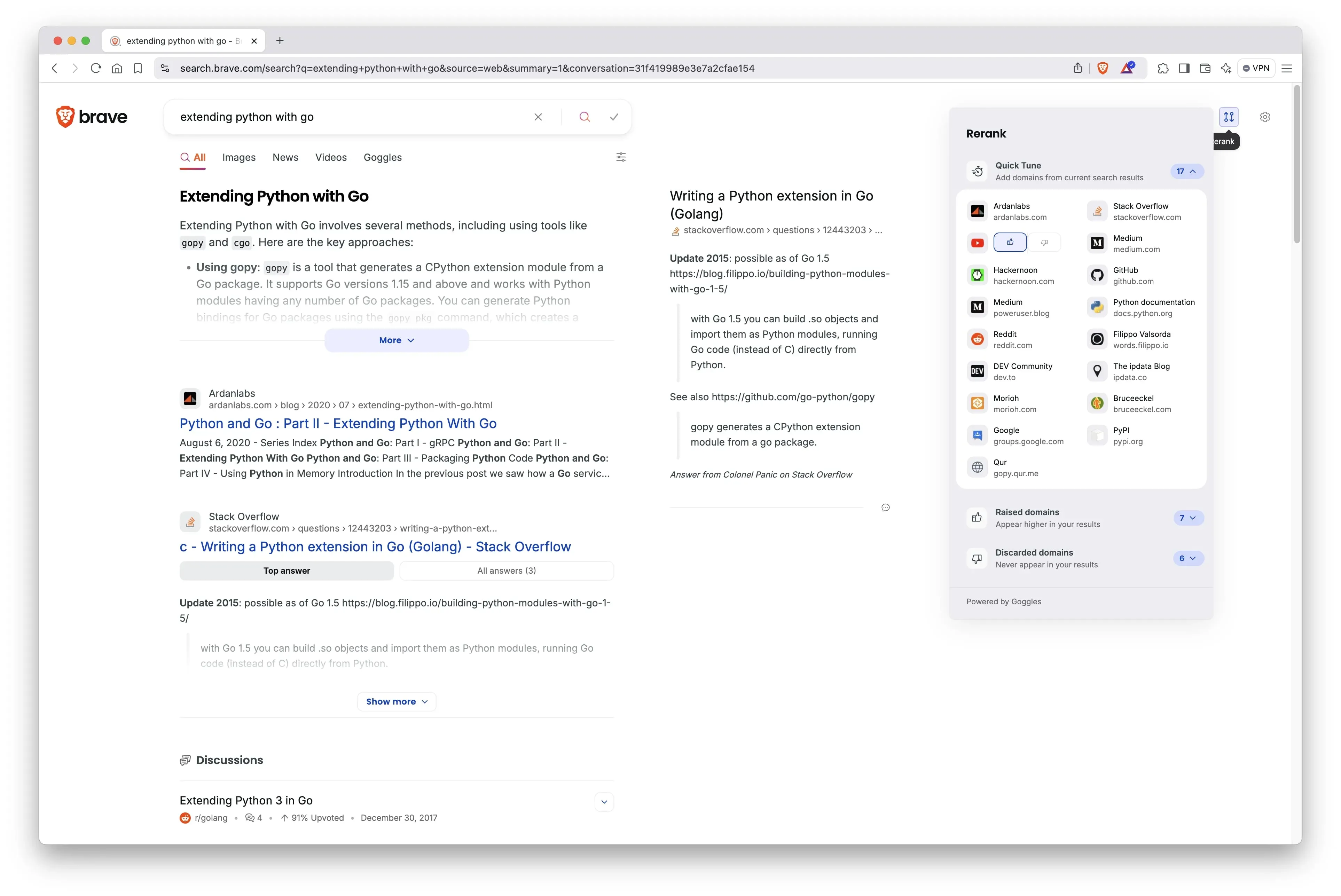 Ví dụ giao diện tính năng Rerank của Brave Search, minh họa cách người dùng bình chọn cho các trang web.