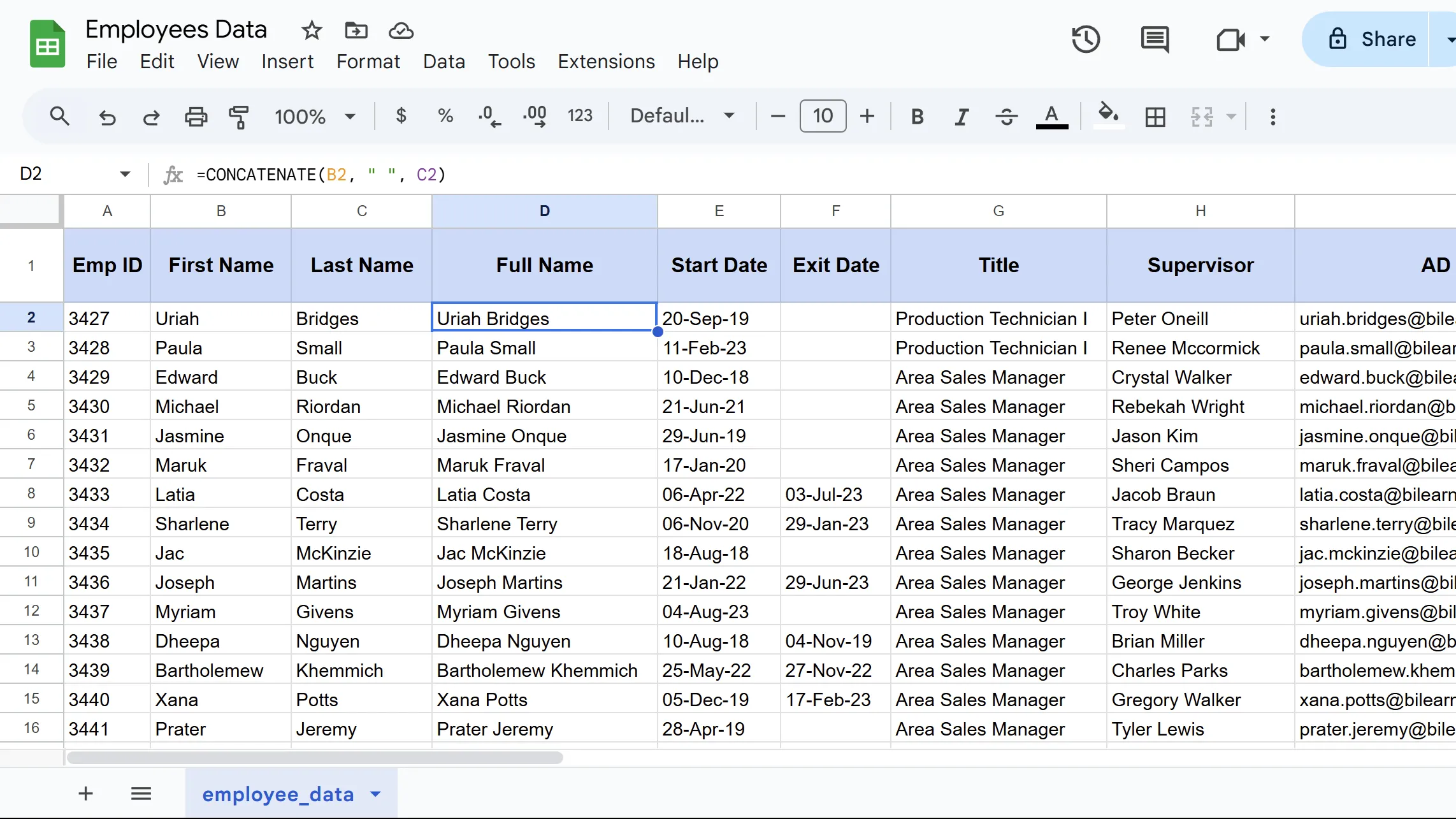 Ví dụ kết quả của hàm CONCATENATE khi nối văn bản từ nhiều ô trong Google Sheets