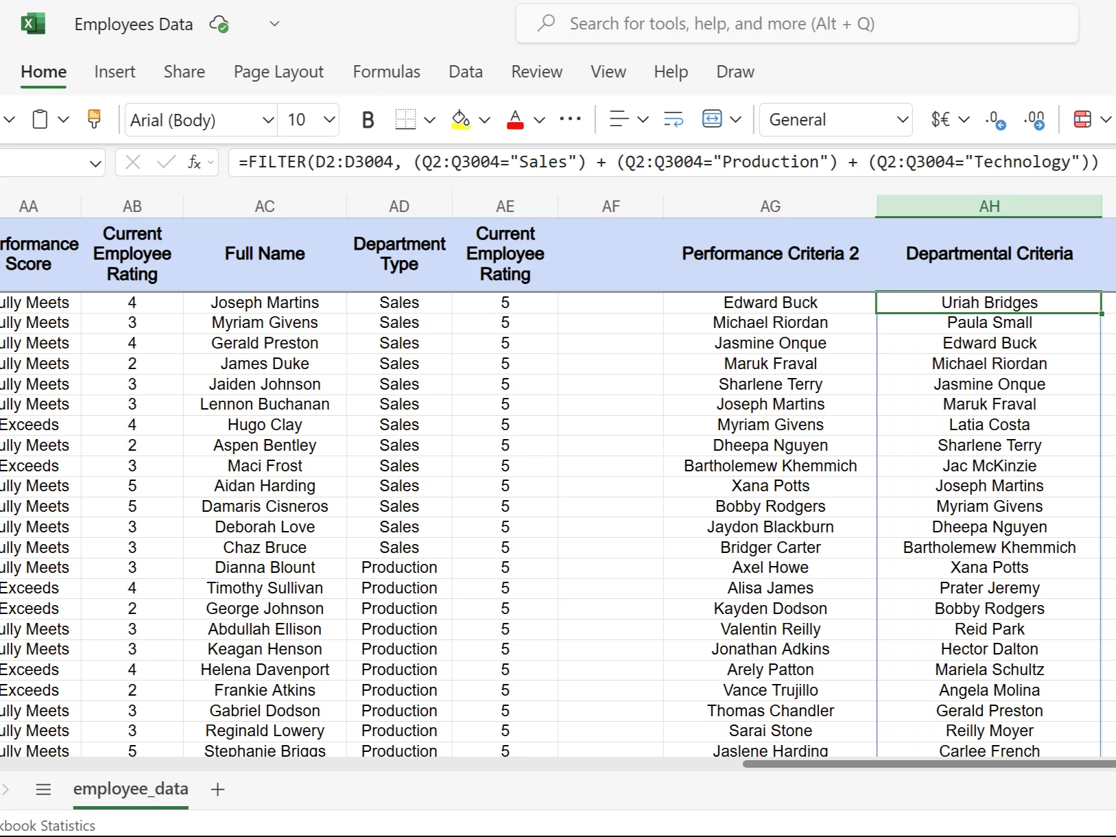 Ví dụ lọc nhân viên theo phòng ban với hàm FILTER trong Excel
