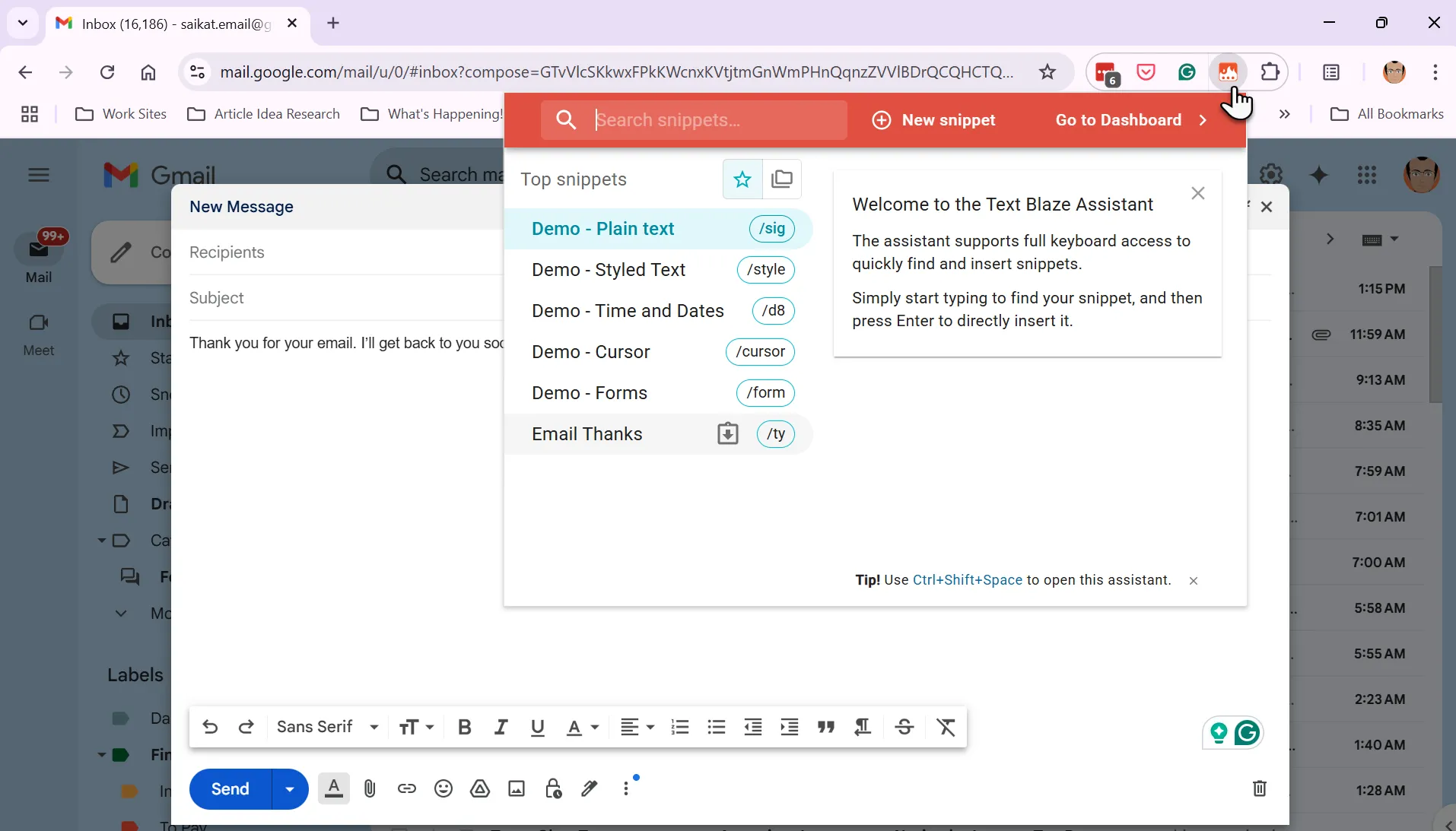 Ví dụ mở rộng văn bản email tự động bằng Text Blaze