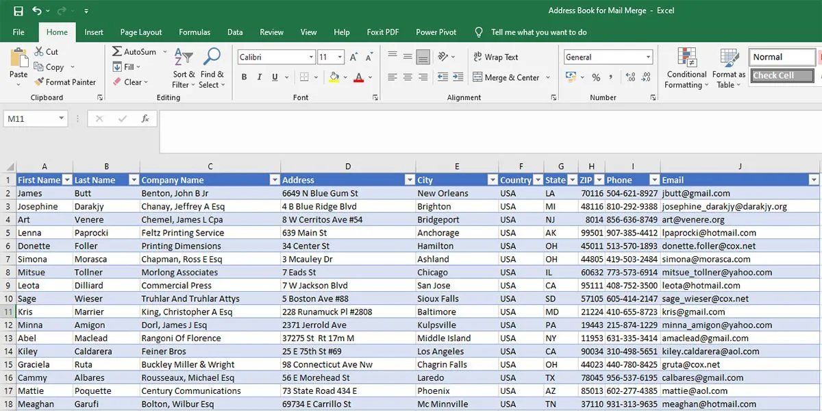 Ví dụ nguồn dữ liệu Excel cho tính năng trộn thư Mail Merge