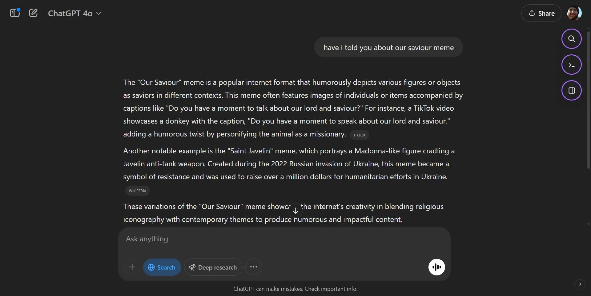 Ví dụ tìm kiếm meme trên ChatGPT Search với kết quả là thông tin lịch sử.