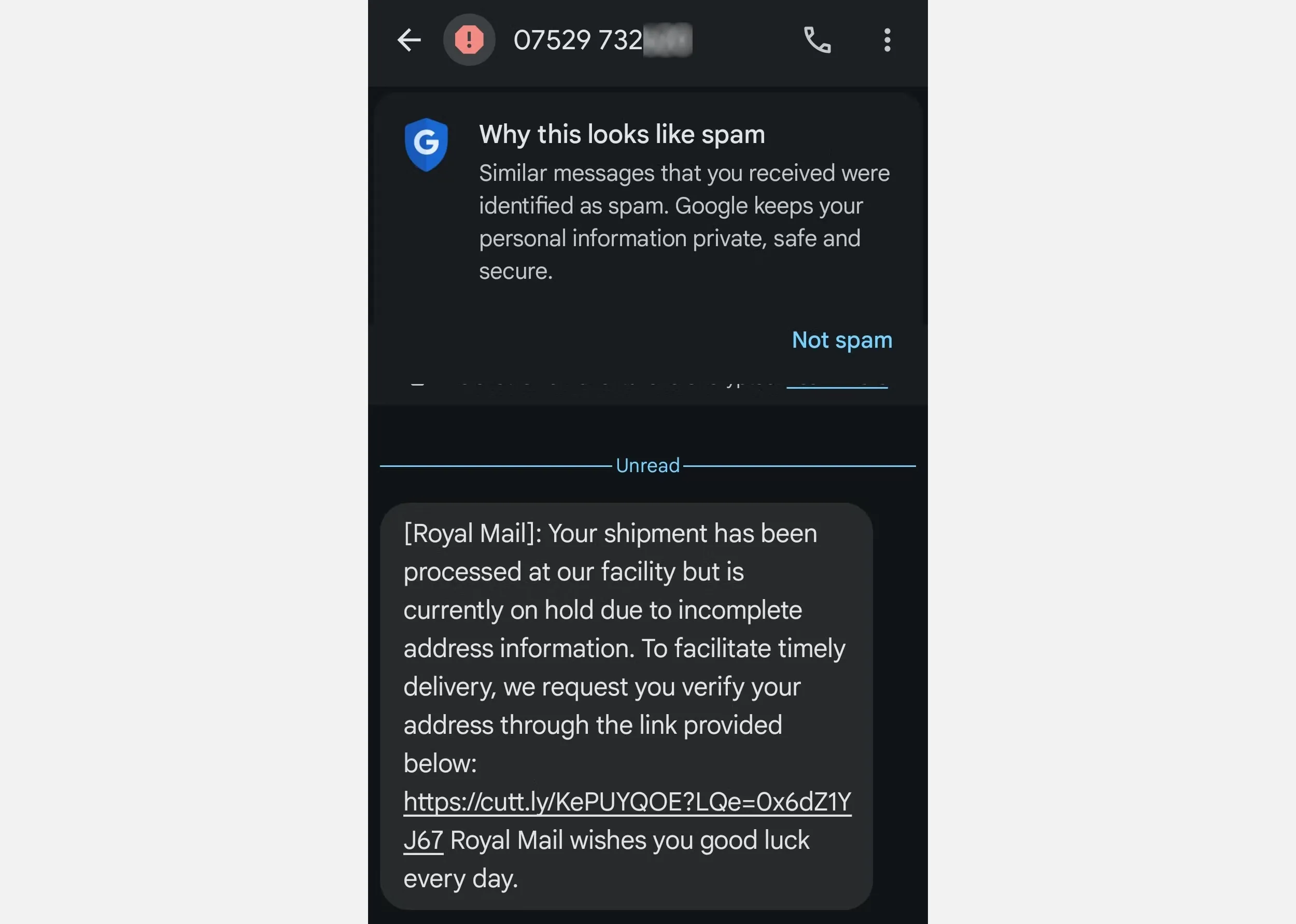 Ví dụ tin nhắn lừa đảo Royal Mail Smishing trên smartphone