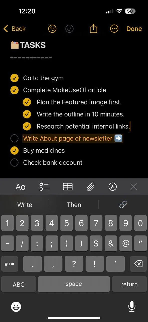 Ví dụ về cách ghi chú nhiệm vụ hàng ngày trong Bullet Journal trên Apple Notes