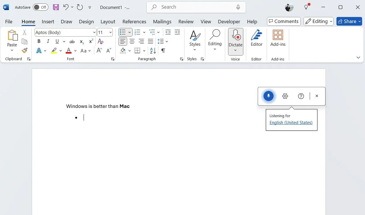 Ví dụ về định dạng văn bản bằng giọng nói trong Word, bao gồm in đậm chữ