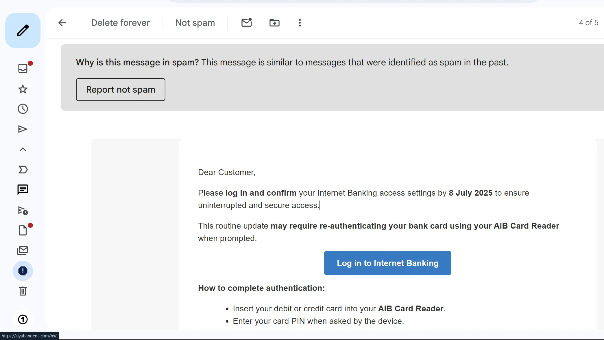 Ví dụ về email spam chứa link lừa đảo (phishing) tiềm ẩn, minh họa dấu hiệu cảnh báo