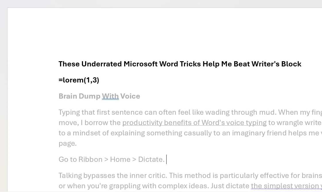 Ví dụ về văn bản giữ chỗ Lorem Ipsum được tạo bằng lệnh =lorem() trong Microsoft Word, hỗ trợ tạo bố cục nháp.