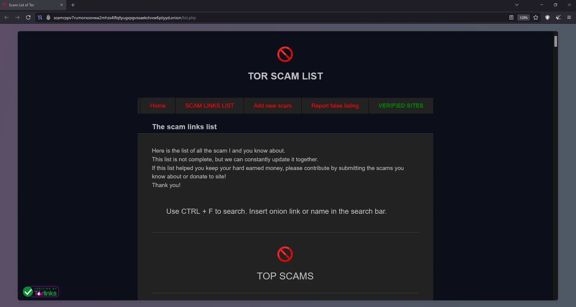 Ví dụ về website &quot;Top Scam List&quot; trên Dark Web, một dấu hiệu cảnh báo lừa đảo cần tránh