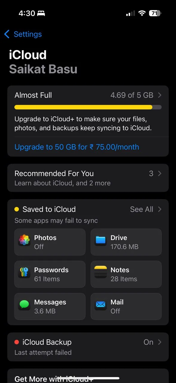 Vị trí tùy chọn iCloud trong ứng dụng Cài đặt của iPhone