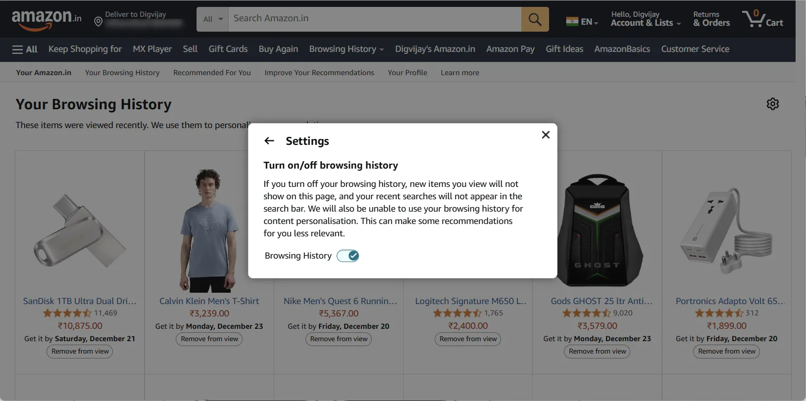 Vô hiệu hóa lịch sử duyệt web của tôi trên Amazon