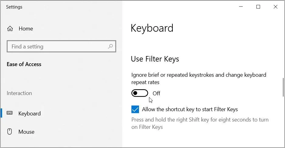 Vô hiệu hóa tính năng Filter Keys trong cài đặt bàn phím Windows