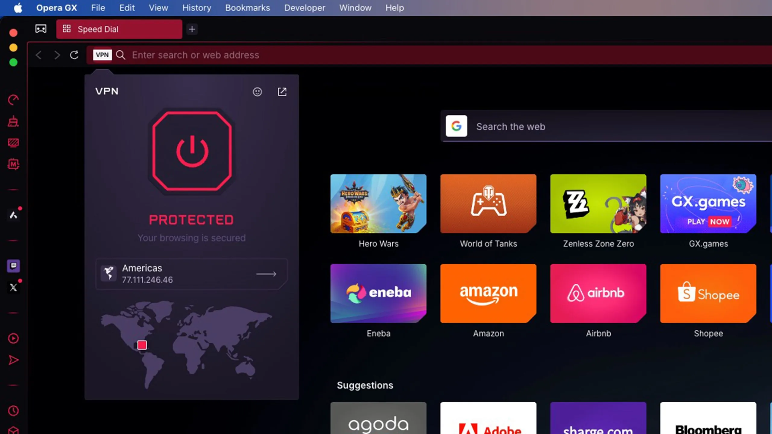 VPN tích hợp sẵn trên trình duyệt Opera GX đang bật, hiển thị trạng thái kết nối và vị trí máy chủ ảo.