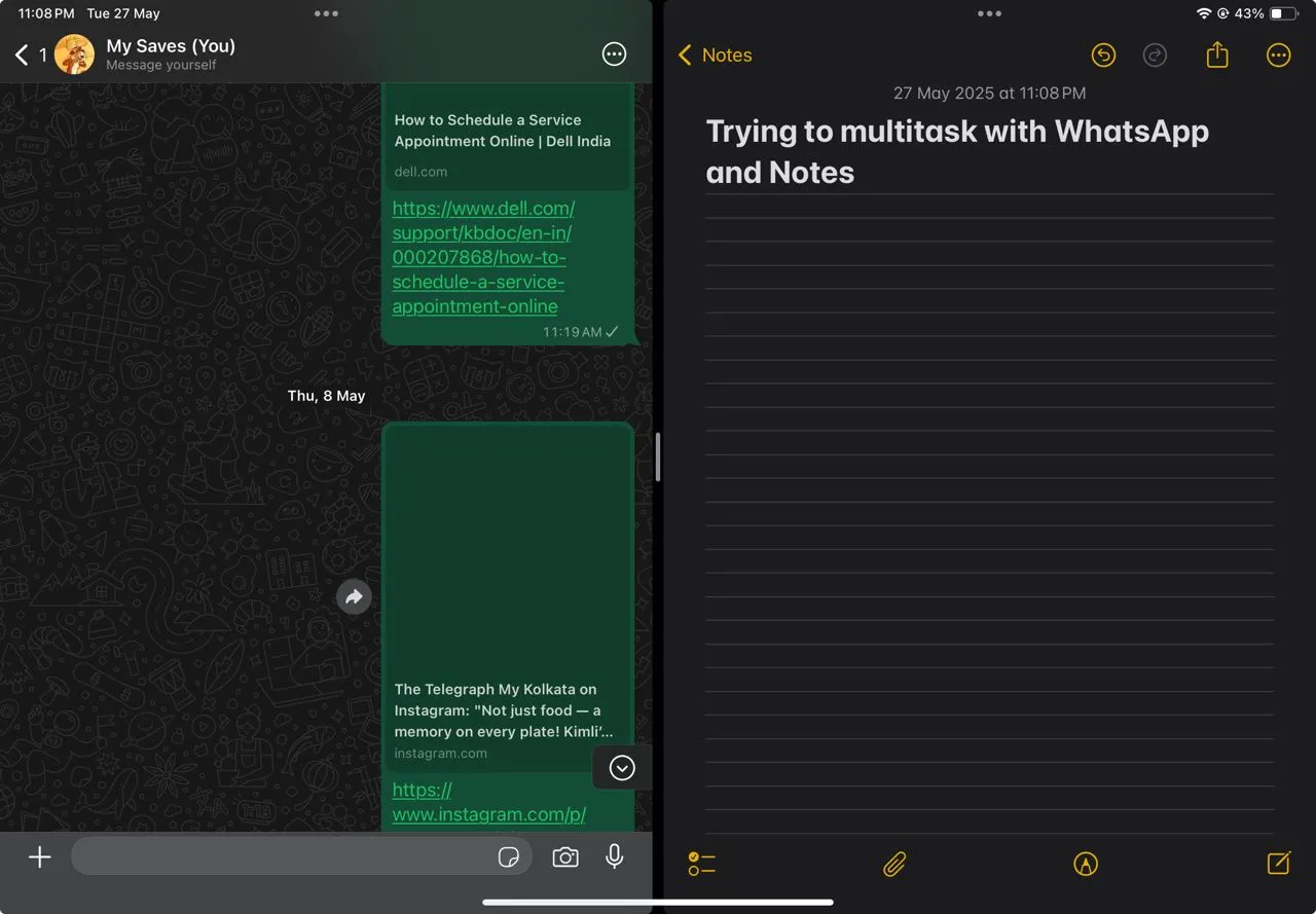 WhatsApp cho iPad hiển thị trong chế độ Split View cùng một ứng dụng khác, minh họa khả năng đa nhiệm
