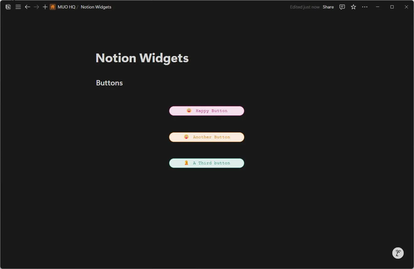 Widget Buttons của Indify trong Notion hiển thị các nút tùy chỉnh được dùng làm lối tắt nhanh đến các liên kết hoặc trang khác