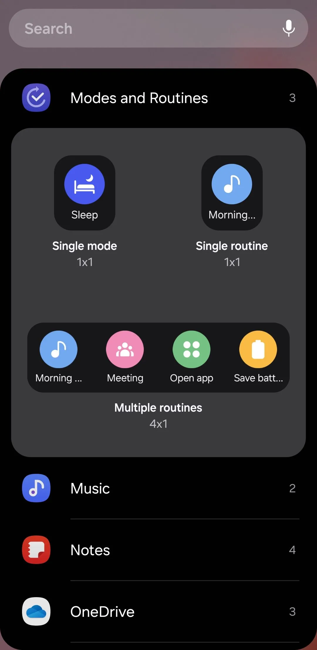 Widget Chế độ và Thói quen (Modes and Routines) của Samsung, cho phép kích hoạt các thiết lập tự động