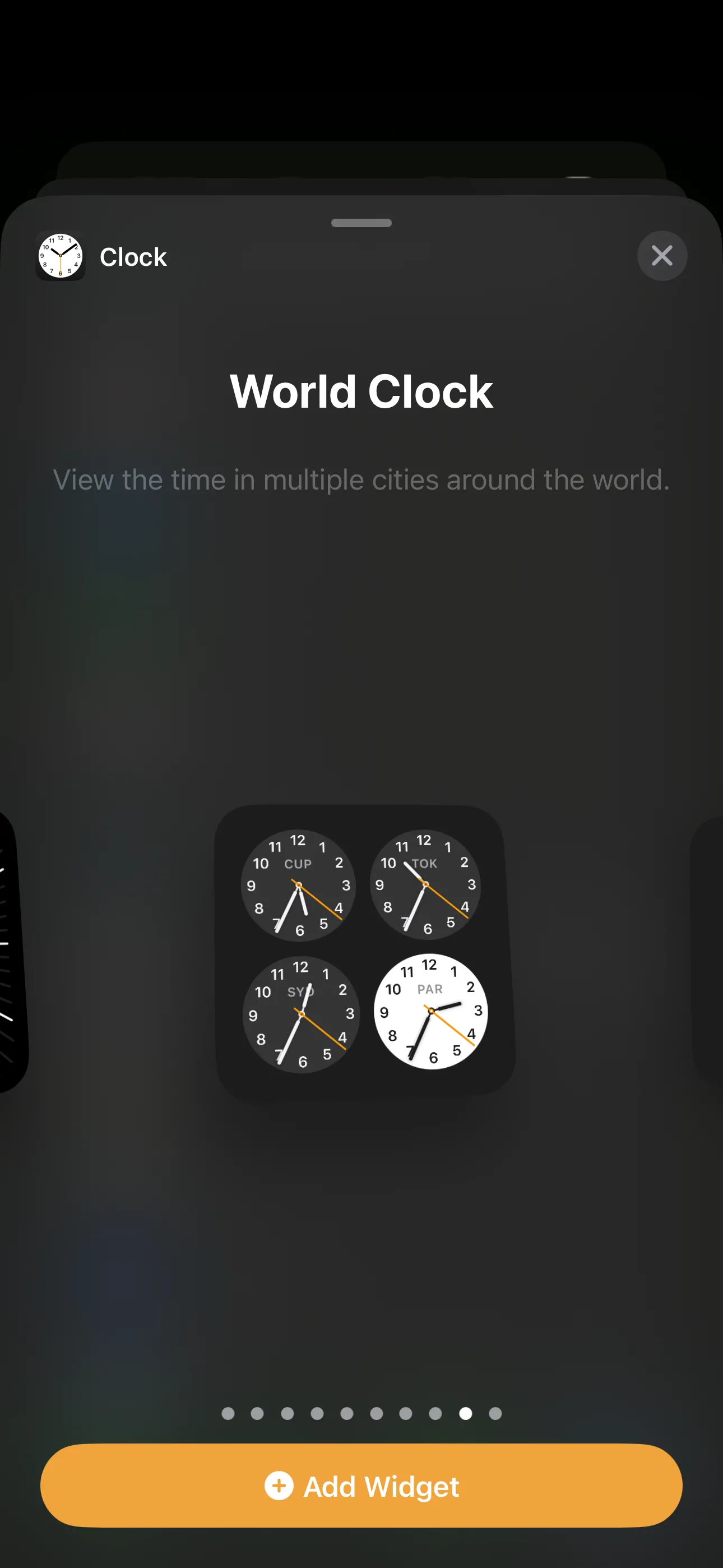Widget Đồng hồ Thế giới hình vuông hiển thị trên iPhone