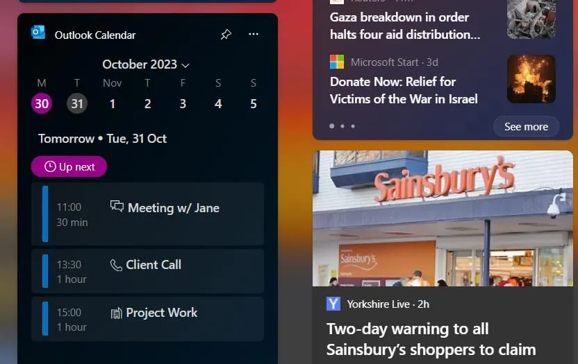 Widget Lịch Outlook hiển thị các sự kiện và ngày lễ trên Windows 11 giúp tăng năng suất