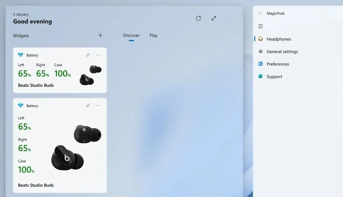 Widget MagicPods hiển thị mức pin tai nghe Bluetooth trên Windows 11