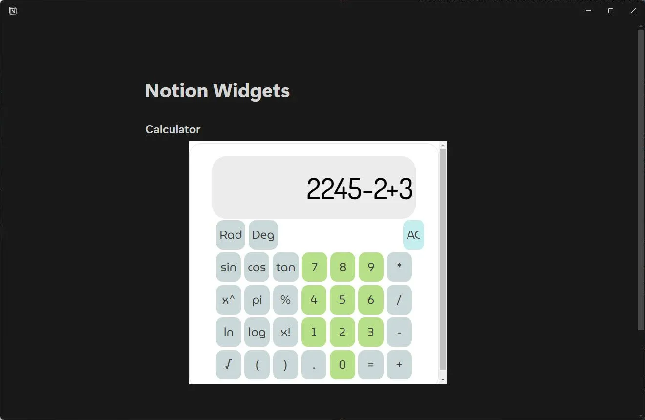 Widget máy tính tích hợp trong Notion giúp người dùng thực hiện các phép tính nhanh trực tiếp trên trang