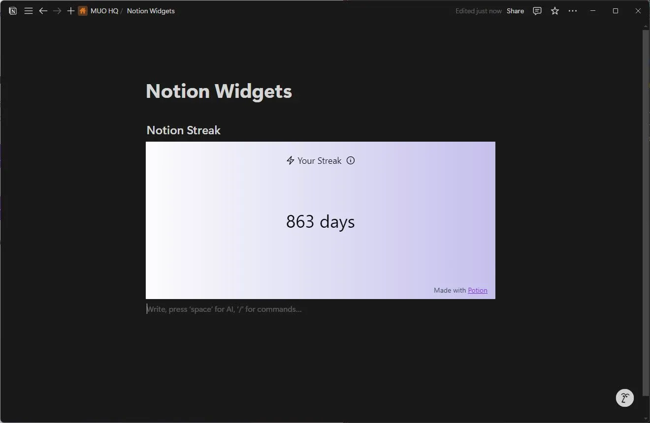 Widget Notion Streak hiển thị chuỗi ngày liên tục trên trang Notion để tạo động lực duy trì thói quen