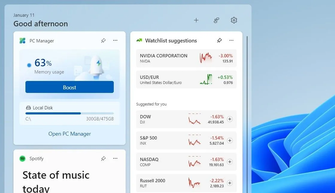 Widget PC Manager với tính năng &quot;Boost&quot; trên bảng tiện ích Windows 11 giúp tối ưu bộ nhớ