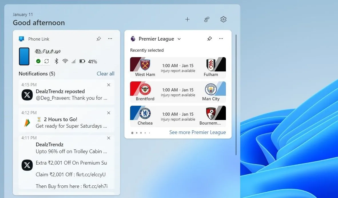 Widget Phone Link hiển thị thông báo và trạng thái pin điện thoại trên Windows 11