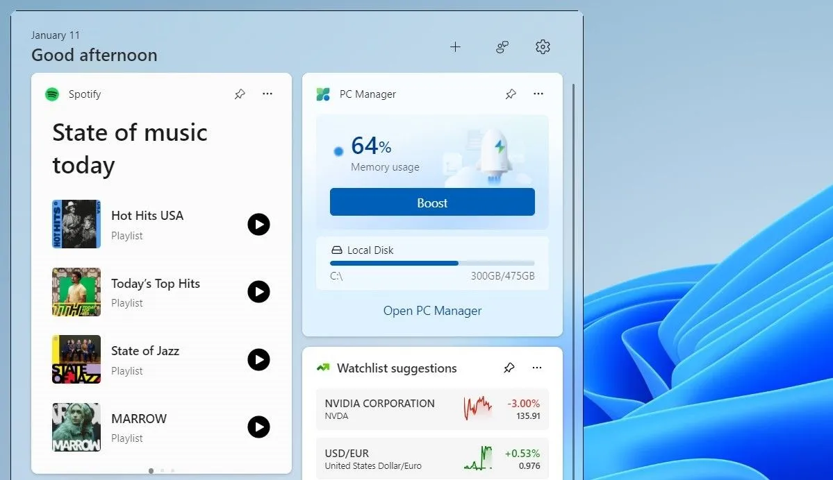 Widget Spotify tích hợp trên bảng tiện ích Windows 11 giúp quản lý playlist dễ dàng