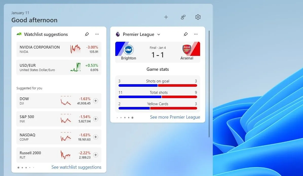Widget Thể thao hiển thị tỷ số trận đấu bóng đá trực tiếp trên Windows 11
