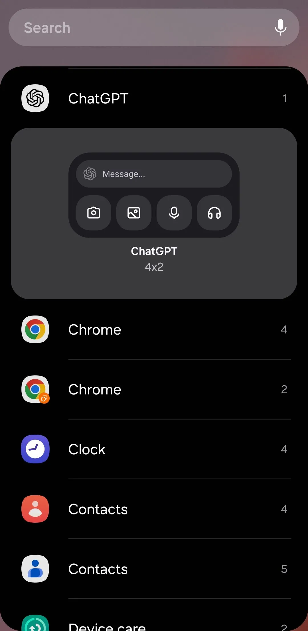 Widget ứng dụng ChatGPT trên điện thoại Android với các tùy chọn nhập liệu bằng văn bản, giọng nói và hình ảnh
