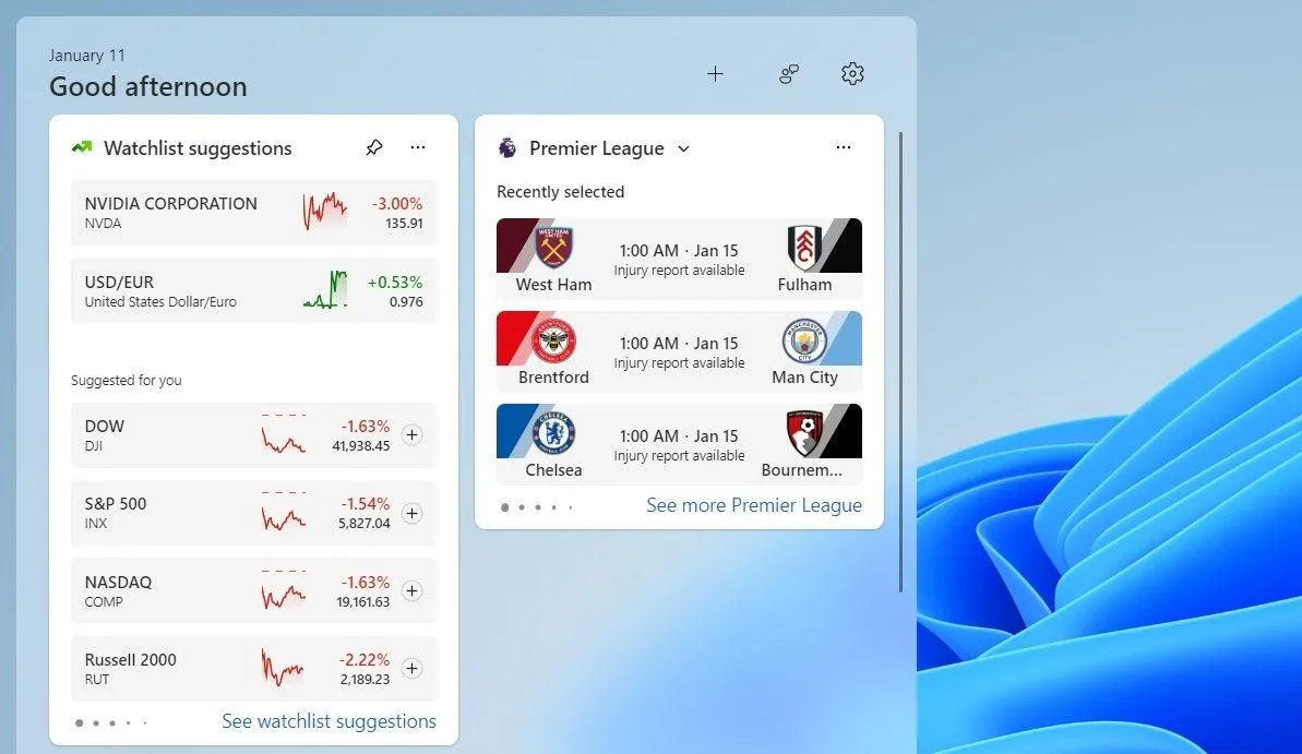 Widget Watchlist hiển thị giá chứng khoán và tiền điện tử trên Windows 11