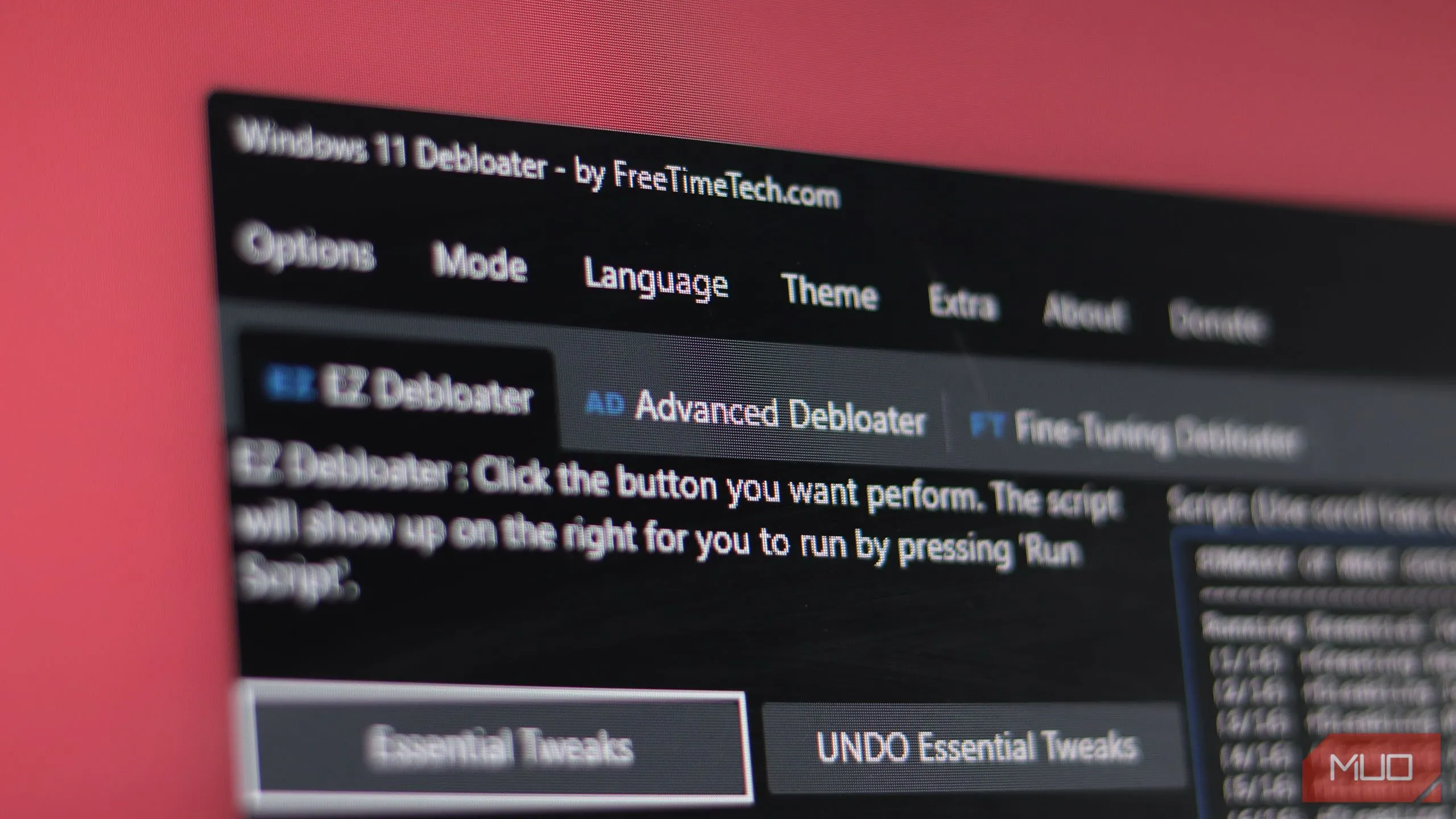 Windows 11 Debloater đang mở trên Windows với giao diện người dùng trực quan