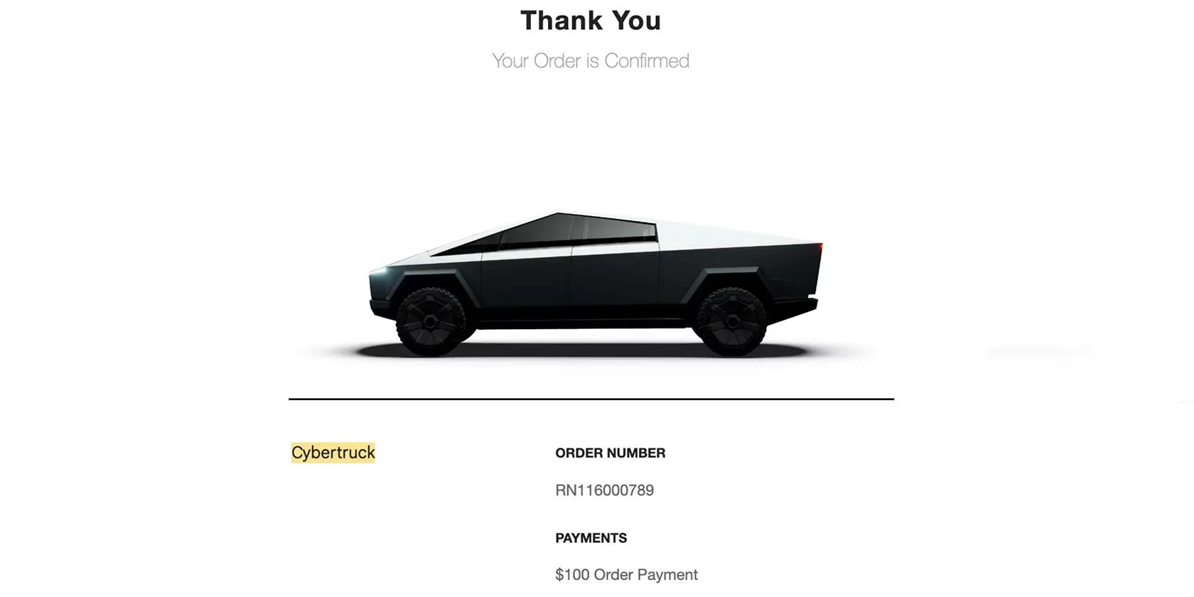 Xác nhận đặt hàng xe Tesla Cybertruck với các chi tiết giao dịch, minh họa loại ảnh chụp màn hình xác nhận mua sắm chứa thông tin cá nhân cần bảo mật