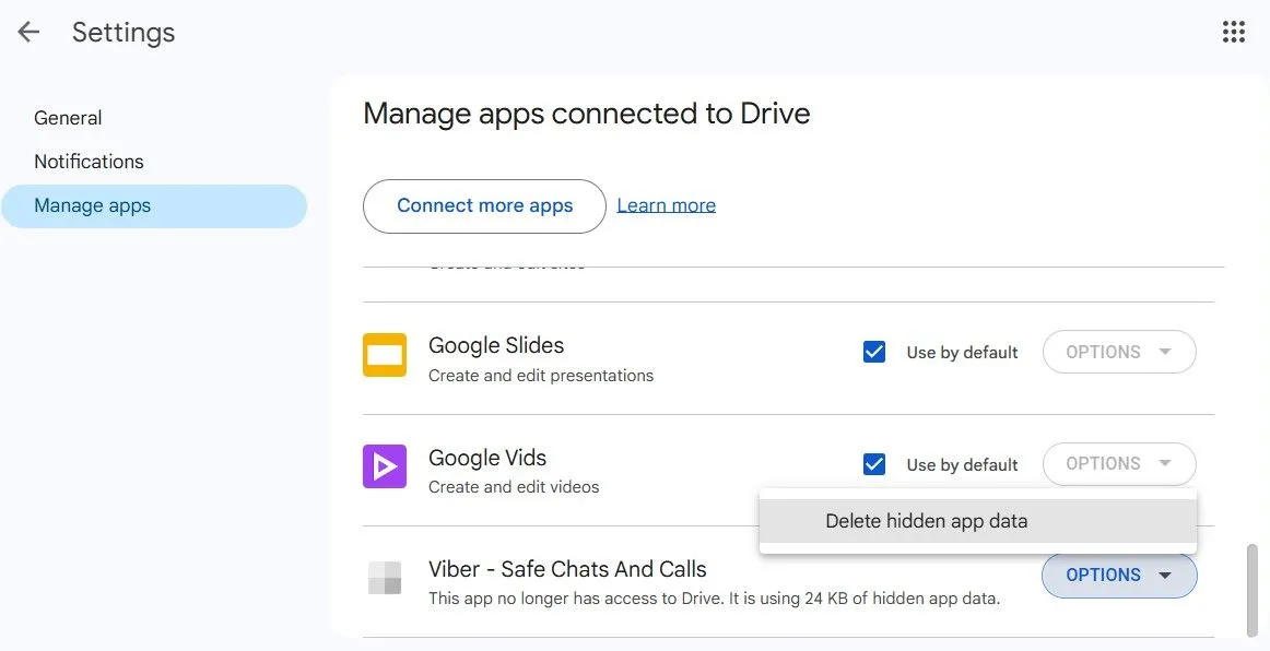 Xóa dữ liệu ẩn của ứng dụng và trò chơi khỏi Google Drive